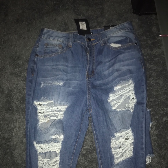 FashionNova no sensor distressed denim jeans medium blue wash - Picture 4 of 7